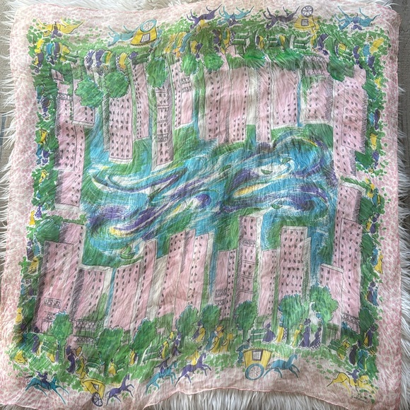 Vintage Accessories - Vintage Cohama Sheer Silk City and Beach Scene 34” Square Scarf